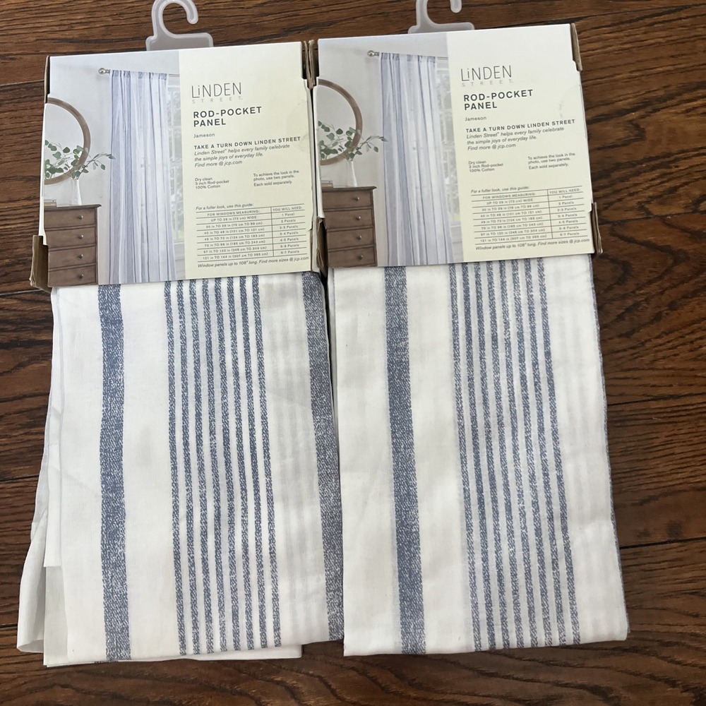 Lot 2 Linden St. Rod Pocket Jameson Cotton Print Sheer Prvdence Blue Stripe 84" - Picture 5 of 7